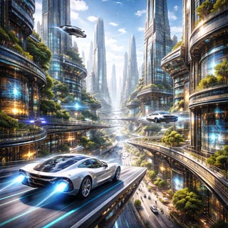 Fliegende Autos in einer futuristischen Stadt