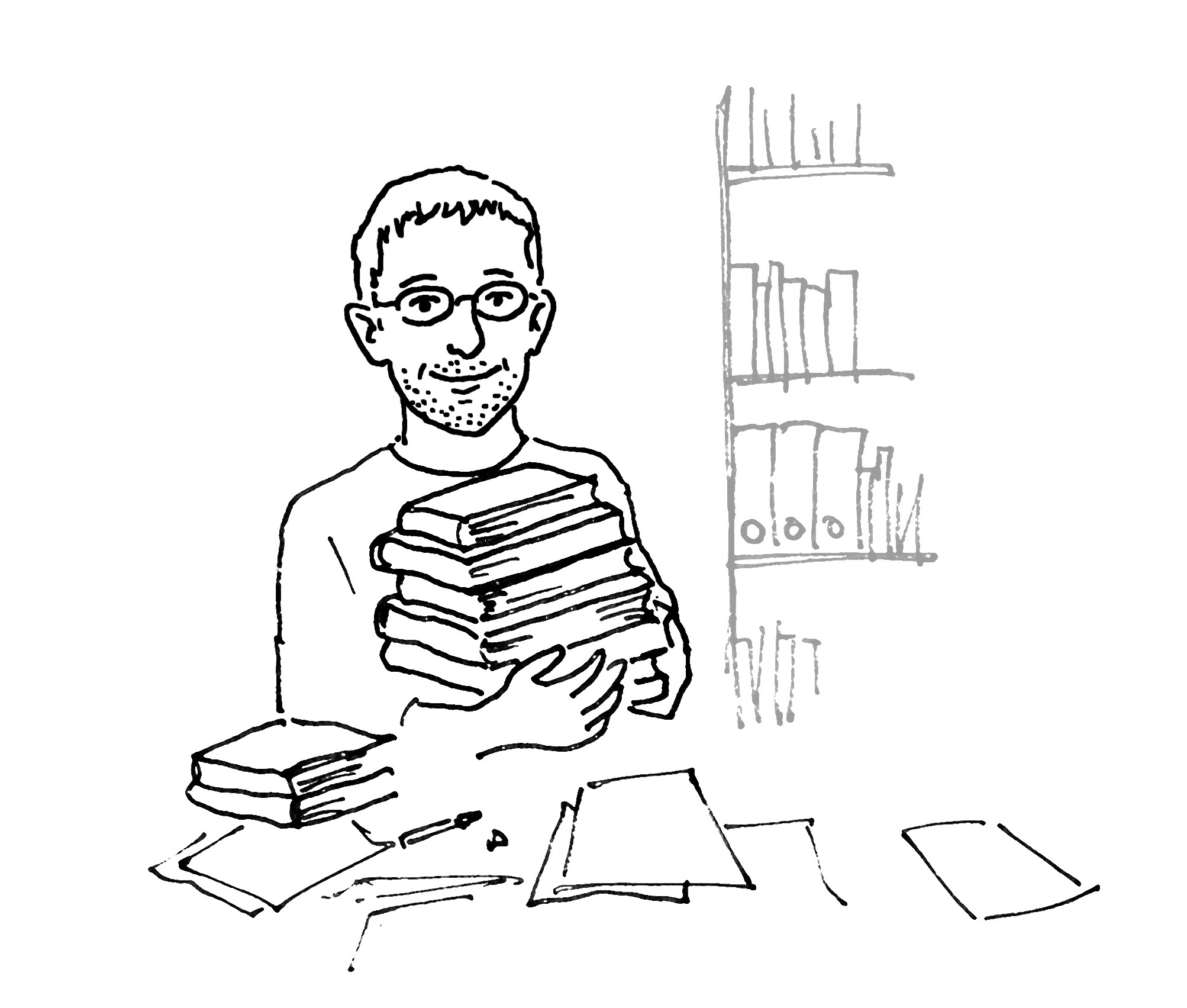 Stylised drawing of Florian Aigner with a stack of books